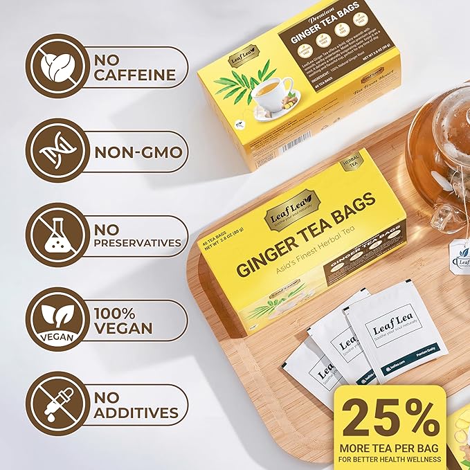 LeafLea 160 Ginger Tea Bags, Pure Ginger Root Herbal Tea, Spicy & Comforting, Supports Digestion & Immune Health, Caffeine Free, Sugar Free, Non-GMO, Vegan, Individually Wrapped for Freshness