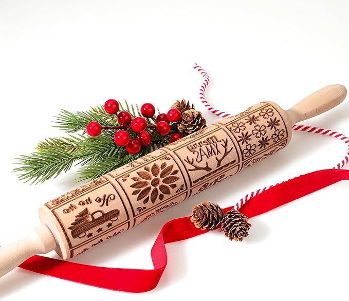 17" Premium Wood Rolling Pin with XMAS Embossed Designs | 3mm Deep Springerle Cookie Molds | Christmas Rolling Pin & Baking Gifts for Women | Includes 3-in-1 Cleaning Brush