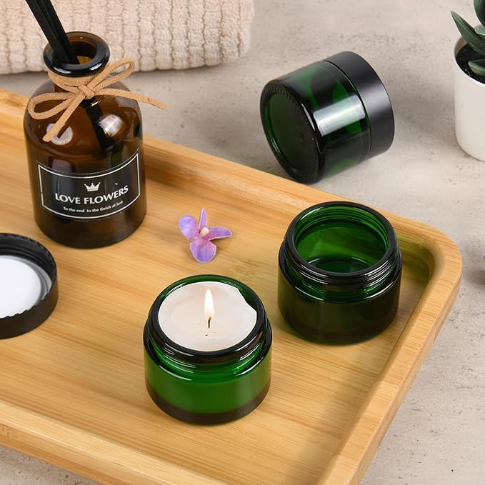 Glass Jars with Lids,Eco-Friendly Cosmetic Containers with Airtight Black Lids & Liners, Multi-Color Options for Cream, Lotion, Body Butter, DIY Skincare Travel Jars (Green, 2oz)