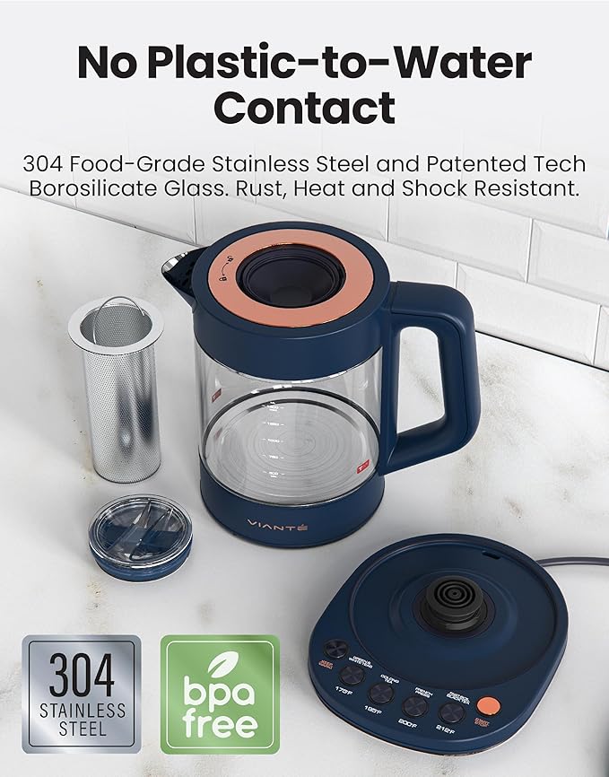 Vianté Electric Kettle With Infuser For Loose Leaf Tea. Hot Tea Maker With Temperature Control And Automatic Shut Off. Kettle With Brewing Programs. 1.5 Liters Capacity | Midnight Blue Color