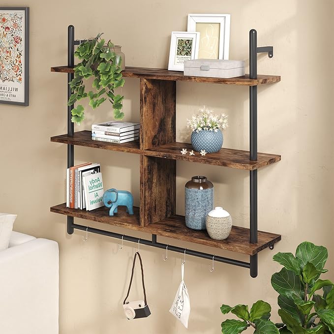 Bestier Floating Pipe Shelving Kitchen Shelves Wall Mounted 3 Tier 41.5" Ladder Coffee Bar Shelf Hanging with Circular Tube, Display Bookshelf Storage for Living Room Kitchen, Rustic Brown