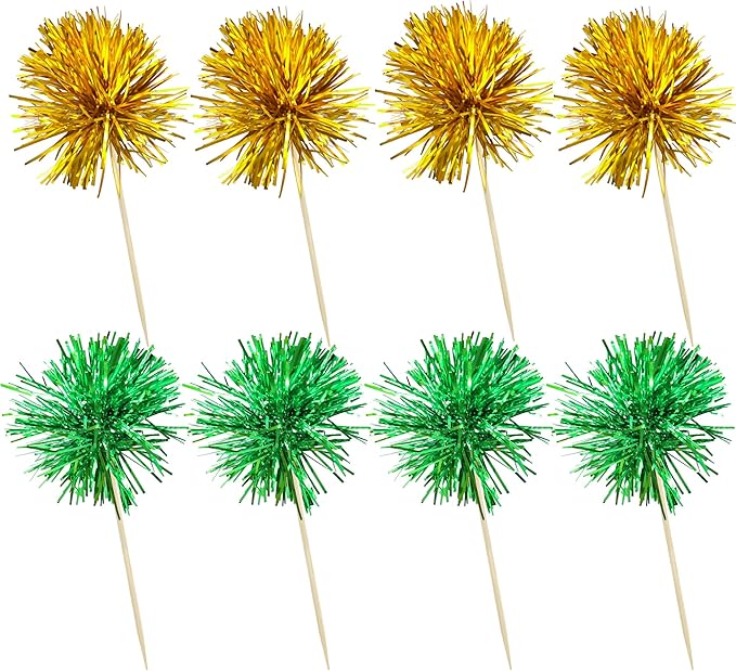 Ephlyn 30Pcs Foil Firework Cupcake Toppers Sparkle Tinsel Cupcake Picks Birthday Cake Decorations Drink Stirrers Cocktail Food Fruit Toothpicks for Baby Shower Graduation Party Supplies Green Gold