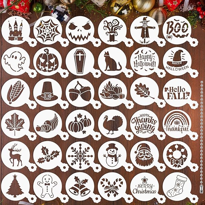 JULBEAR 36 Pieces Reusable Cookie Cake Stencils, Templates Mold Tools for Christmas Halloween Thanksgiving Cookies Baking Painting Dessert Coffee DIY Party Decoration