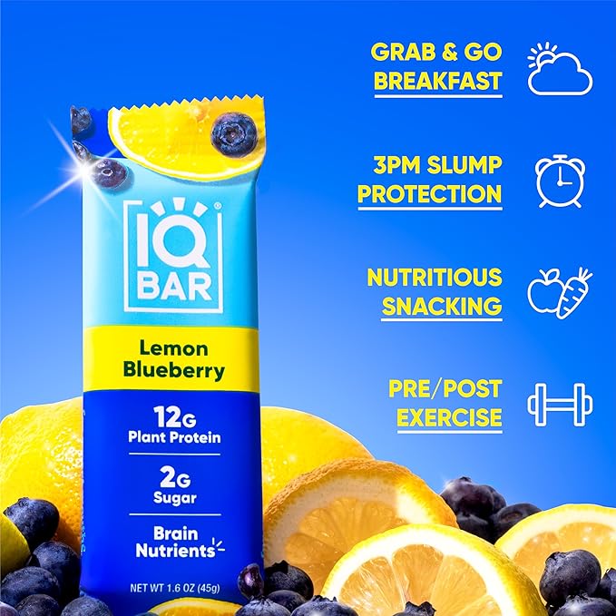 IQBAR Brain and Body Plant Protein Bars - Lemon Blueberry - 36-Count - Keto, Vegan, Low Carb, High Fiber, Gluten Free, Dairy Free, Low Sugar Snack with Nutrients for Focus, Energy, Meal Replacement