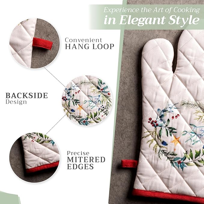 Maison d' Hermine 100% Cotton Oven Mitt & Pot Holder Set (7.5"x13" & 8"x8") Heat Resistant BBQ Cooking Gloves with Loop, Baking, Grilling, Kitchen, Handling Hot Pans (Holly Time)