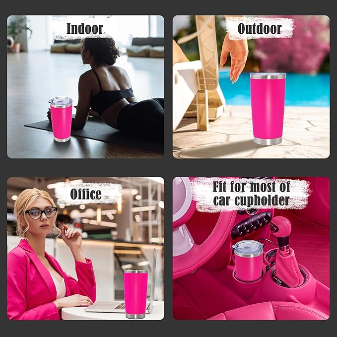 20 oz Tumbler Coffee Tavel Tumblers Bulk with Lid Stainless Steel Double Wall Vacuum Insulated Mug Powder Coated Cups fit Car Cupholder for Hot and Cold - Hot Pink, 4Pack