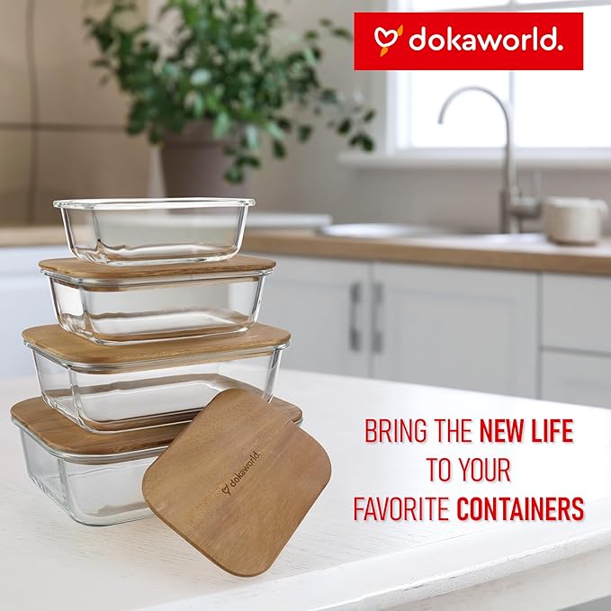 Natural Acacia Lids Set for Food Storage Glass Containers (4pcs) - Lids are compatible with all Glass Food Storage Containers Sets