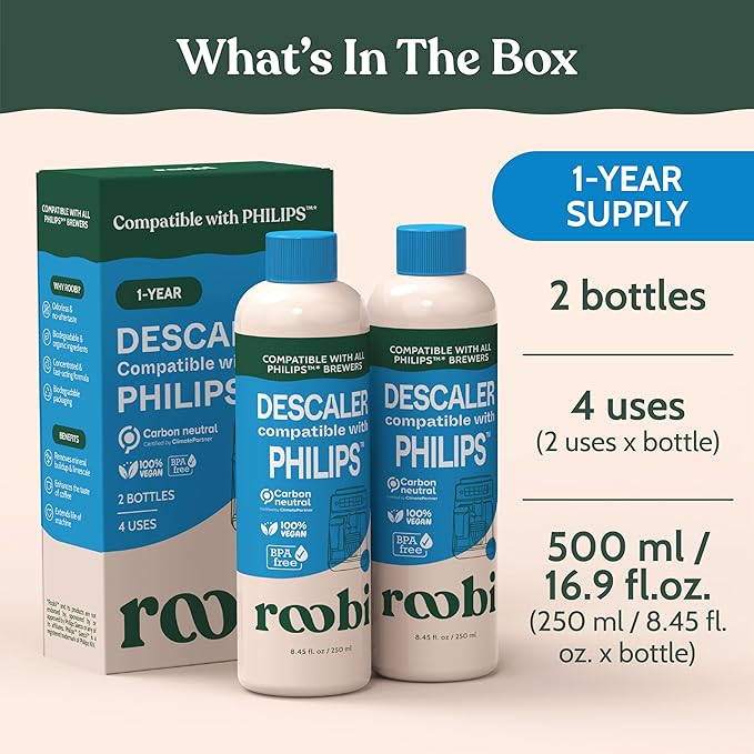Roobi Philips Compatible Descaling Solution & Cleaner. Specially Formulated for Philips Espresso Machines. Carbon Neutral Descaler Kit. 2 Uses per Bottle, 2 Pack
