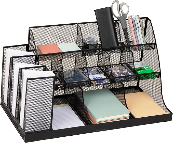 Mind Reader Countertop Organizer, 3-Tier Desktop Storage Rack, Office Breakroom Supply Caddy, Metal Mesh, Black