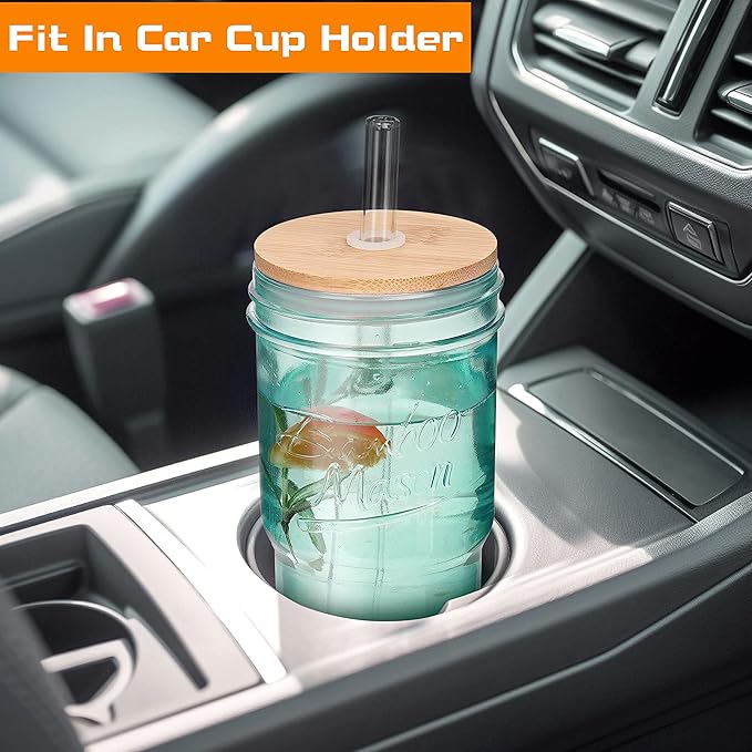 ANOTION Colored Glass Cups with Lids and Straws - 24oz Travel Coffee Mug Wide Mouth Mason Jar Iced Coffee Cup Smoothie Cup Glass Tumbler Tea Cup Clear Cute Water Cups Colorful Drinking Glasses