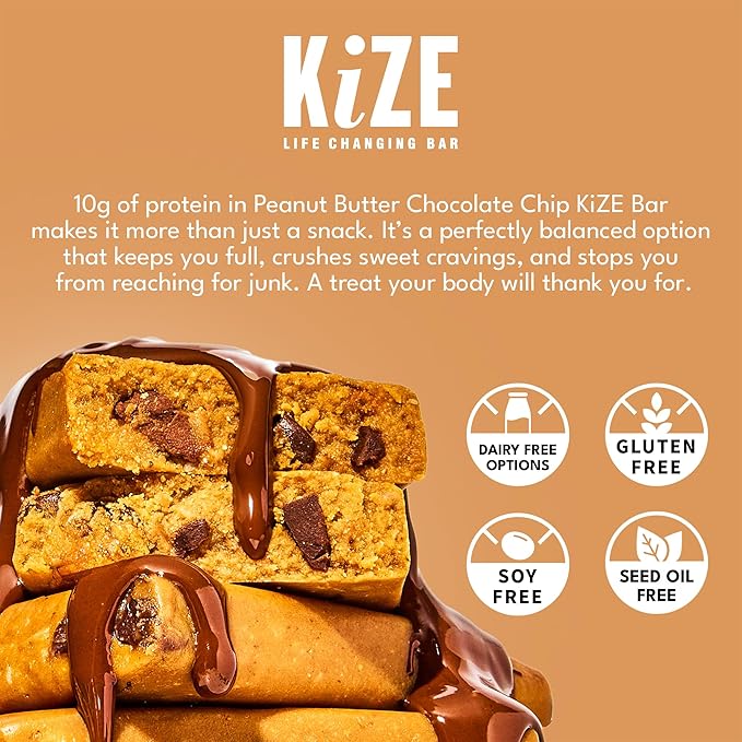 KiZE Energy Bars - Peanut Butter Chocolate Chip - 30-Count - Gluten Free, Dairy Free, Non-GMO, and High Protein Meal Replacement Energy Bars, Clean and Simple Food Ingredients - 10g High Protein Snacks (30 Count)