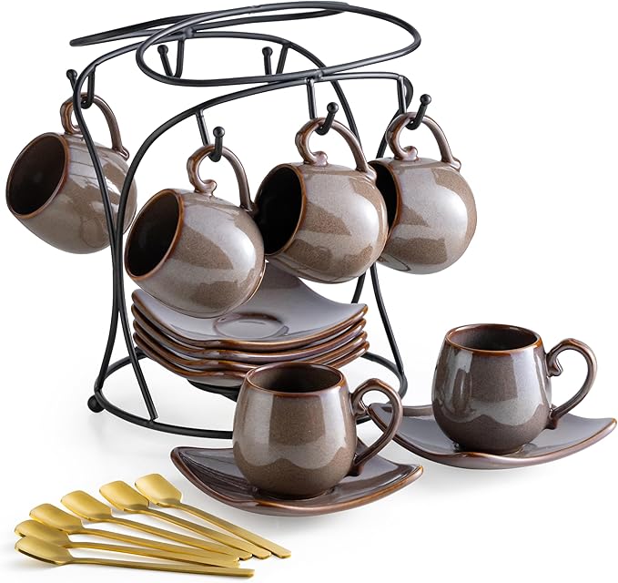 LYEOBOH 3oz Coffee Espresso Cups with Saucers Set of 6, Ceramic Small Coffee Cups with Holder and Spoons, Cute Demitasse Cups for Espresso, Latte, Mocha, Housewarming Gift - Farmhouse, Brown