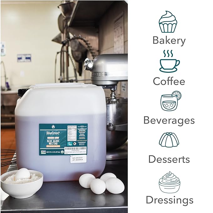 BLUE GREEN ORGANICS, Agave syrup, Agave, Gluten Free, Organic, Sweetener, cakes, coffees, pancakes or any baked good, For restaurants, Sugar substitute Raw, 44 lb, 4 gallon