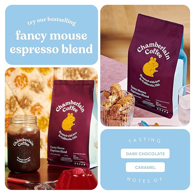 Chamberlain Coffee Fancy Mouse Espresso Blend - Extra Bold, Dark Roast Ground Coffee Beans with Notes of Sweet Caramel, Dark Chocolate & Toasted Peanuts - Specialty Ground Coffee - 10 oz