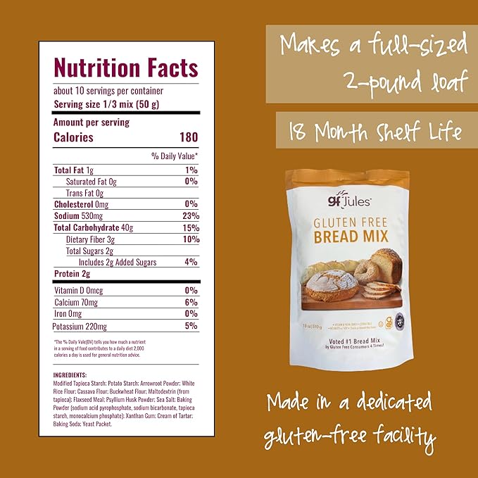 gfJules Certified Gluten Free Bread Baking Mix | Loaf, Baguettes, Bagels, Focaccia and more | No Grit, Non-GMO, Vegan | Certified Top 9 Allergen-Free & Kosher | 18 Ounces