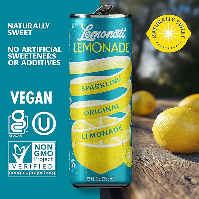 Lemonati Lemonade Sparkling Original Lemonade, No Artificial Sweeteners or Flavors, Gluten-Free, Kosher, Non-GMO, Vegan, 12 Fl Oz Slim Cans, Pack Of 24