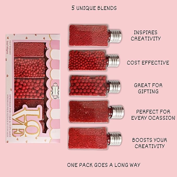 Confect Red Sprinkles Mix – Valentine’s Day, Birthday Cake & Cupcake Decoration – Includes Dragees, Jimmies & Sparkling Sugar –Edible Dessert Topping-Vegan, Gluten-Free, Nut-Free, Soy-Free, Dairy-Free, Palm Oil-Free- 5 Oz