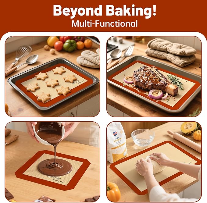 Silicone Baking Mat Set of 5, Grade Food Non-Stick Reusable Baking Mat, Slip Oven Liner Sheet, Round & Square Cake Pan Mat & Silicone Brush for Macaron, Pastry, Cookie