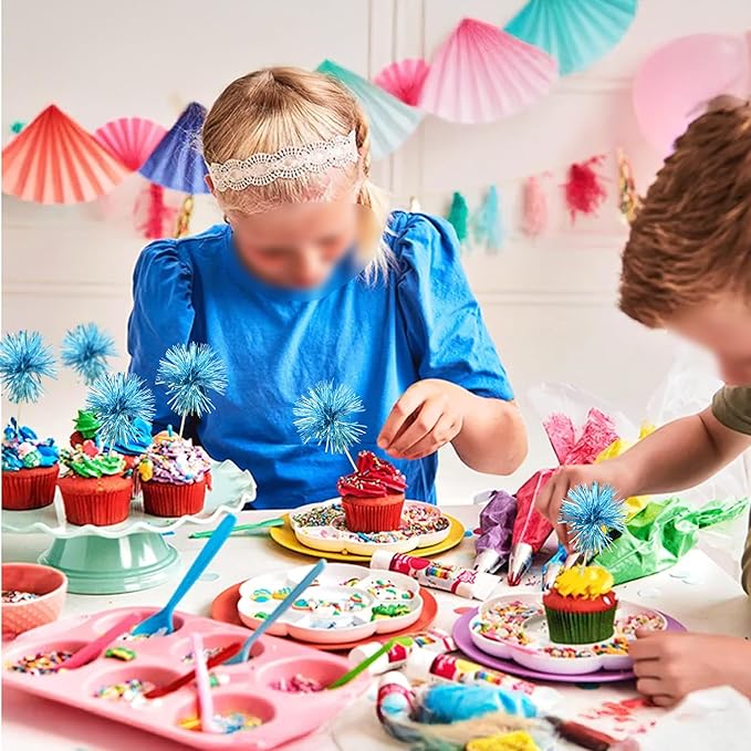 Ephlyn 30Pcs Foil Firework Cupcake Toppers Sparkle Tinsel Cupcake Picks Happy Birthday Cake Toppers Drink Stirrers Cocktail Food Toothpicks for Baby Shower Birthday Party Supplies Lake Blue