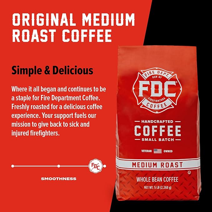 Fire Department Coffee - Gives Back to Firefighters - Balanced & Smooth Original Medium Roast Coffee Beans - Roasted in the USA - Whole Bean - Veteran Owned - Bulk 5 LB
