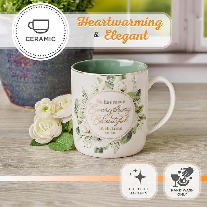 Christian Art Gifts Large Ceramic Inspirational Coffee & Tea Scripture Mug for Women: Everything Beautiful Encouraging Bible Verse, Sturdy, Novelty Non-Toxic Beverage Cup, White & Green Floral, 14 oz.