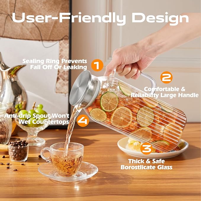 2 Liters/68oz 2 Pack Stripes Glass Pitcher with Lid and Handle for Bridge Door, Aofmee Borosilicate Glass Heat Resistant Dishwasher Safe Iced Tea Jar, Carafe with Scale Line for Hot/Cold Beverage