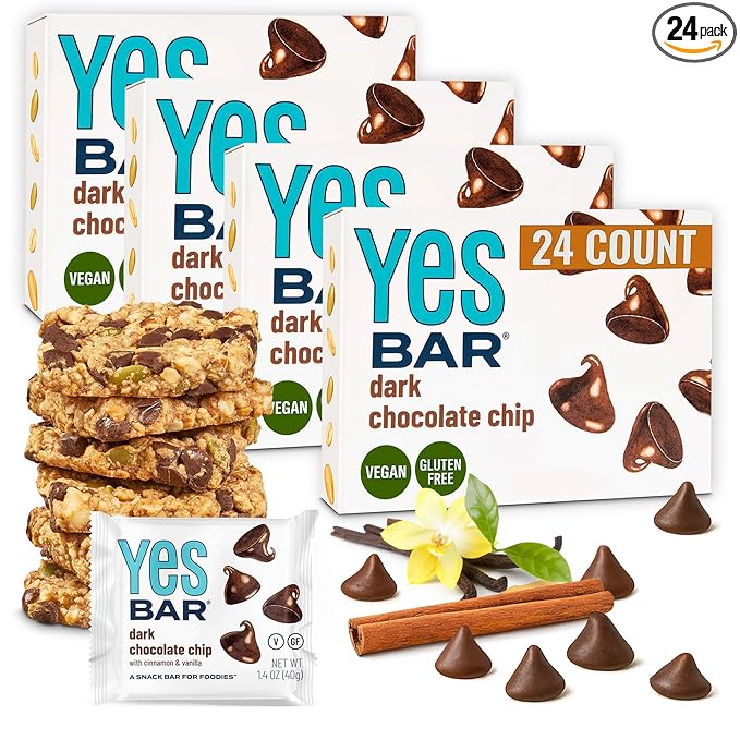The YES Bar – Dark Chocolate Chip – Plant Based Protein, Decadent Snack Bar – Vegan, Paleo, Gluten Free, Dairy Free, Low Sugar, Healthy Snack, Breakfast, Low Carb, Keto Friendly (24 Count)