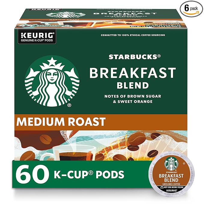 Starbucks K-Cup Coffee Pods, Medium Roast Coffee, Breakfast Blend for Keurig Brewers, 100% Arabica, 6 boxes (60 pods total)