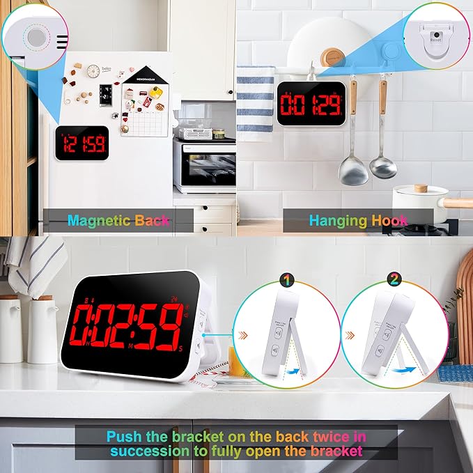 Digital Kitchen Timer - Magnetic Countdown Countup Timer with Large LED Display Volume Adjustable with Sound Alert Function Easy for Cooking and for Seniors and Kids to Use-Red