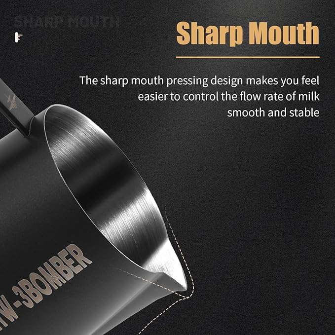 MHW-3BOMBER Milk Frothing Pitcher, 16oz/450ml Milk Frother Cup for Barista, SUS304 Stainless Steel Espresso Steaming Pitchers for Milk/Coffee/Latte Art, Matte Black, P3025B-OS