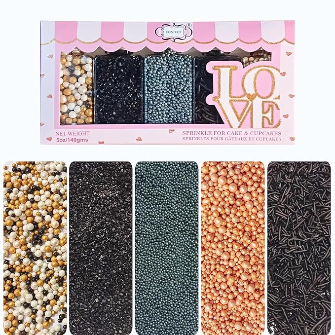 Confect Masquerade Sprinkles Mix – Champagne Gold & Black Pearl Dragees, Black Jimmies & Sparkling Sugar | Edible Sprinkles for Cakes, Cupcakes & Desserts | Vegan, Gluten-Free, Nut-Free, Soy-Free, Dairy-Free, Palm Oil-Free- 5 Oz