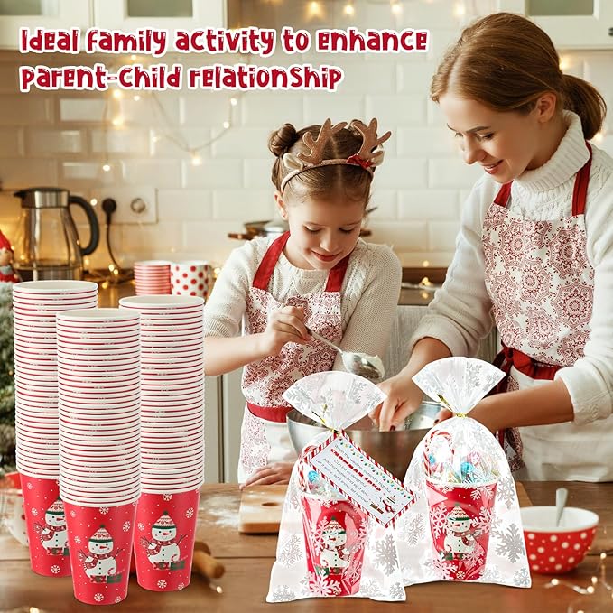 50 Sets Christmas Snowman Soup Kits for Classroom Coworker Gift 12 Oz Winter Snowman Paper Cups for Hot Cocoa Chocolate Marshmallow Soup Tags Clear Xmas Bags (Vibrant)