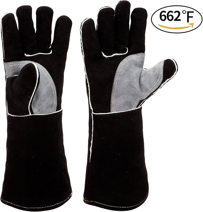 RAPICCA Fireplace Gloves Fire Heat Resistant: Black 14IN - Fireproof Leather for Fireplace Fire Pit Wood Stove Campfire Furnace BBQ Grill Oven Stick Mig Welding Welder Gear - Birthday Gift for men