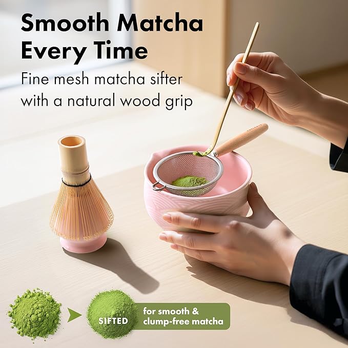 Matcha Whisk Set (7 Pcs) - Complete Matcha Set, Matcha Bowl with Spout, Whisk with Holder, Bamboo Scoop with Rest and Sifter, Perfect Kit for Matcha Lovers (Sakura Pink)