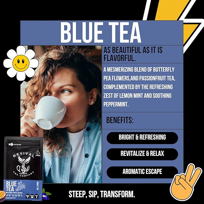 Revival Tea Company Blue Tea - Butterfly Pea Flower and Black Tea Blended with Other Herbal Tea Flavors - 24 Tea Bags