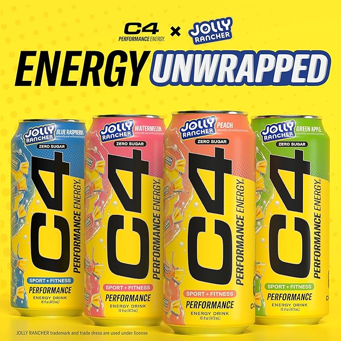 Cellucor C4 Performance Energy Drink | JOLLY RANCHER Watermelon | Zero Sugar Carbonated Preworkout Energy | 200mg Caffeine with Beta Alanine | 16 Fl Oz (12 Pack)