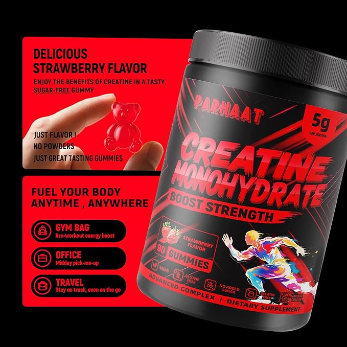 Creatine Monohydrate Gummies 5g for Men & Women - Boost Focus,Strength, and Endurance, Anti-Melting Formula, Vegan, Gluten-Free, Non-GMO, 2.5 Gram Creatine per Gummy (Strawberry 90 ct)