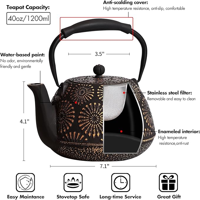 Cast Iron Teapot, 40oz Tea Kettle with Infuser for Stove Top, Sakura Design Japanese Tea Pot for Tea&Coffee Coated with Enameled Interior, Silicone Handle 1200ml black