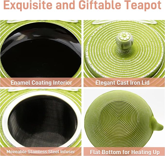 Cast Iron Teapot,SECHUDO Tea Kettle Coated with Enameled Interior for Loose Tea,Cast Iron Teapot with Stainless Steel Infuser for Stovetop Safe (27.1oz Flat Dragonfly Pattern)