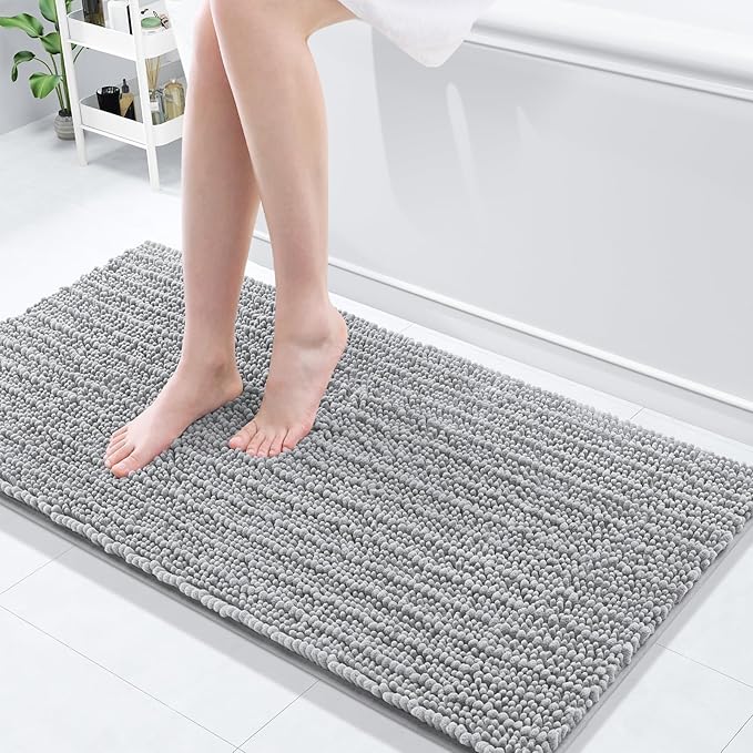 Arotive Luxury Chenille Bathroom Rug Mat, Extra Soft Thick Absorbent Shaggy Bath Rugs, Non-Slip Machine Wash Dry, Plush Bath Mats for Bathroom, Shower and Tub, 47x20, Light Grey