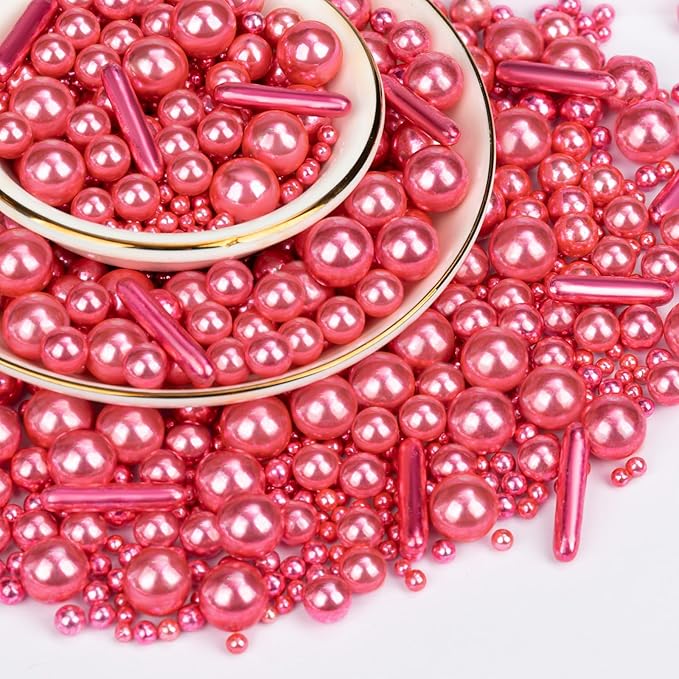 Twisweet Rose Gold Pearl Rods Sprinkles, Edible Sugar Pearls for Cake Decorating, Mix Size Baking Candy, Cake Topper Cupcake Cookie Ice Cream Dessert Decorations, Valentine Mother's Day Birthday Wedding Party Supplies(130g/4.58oz)