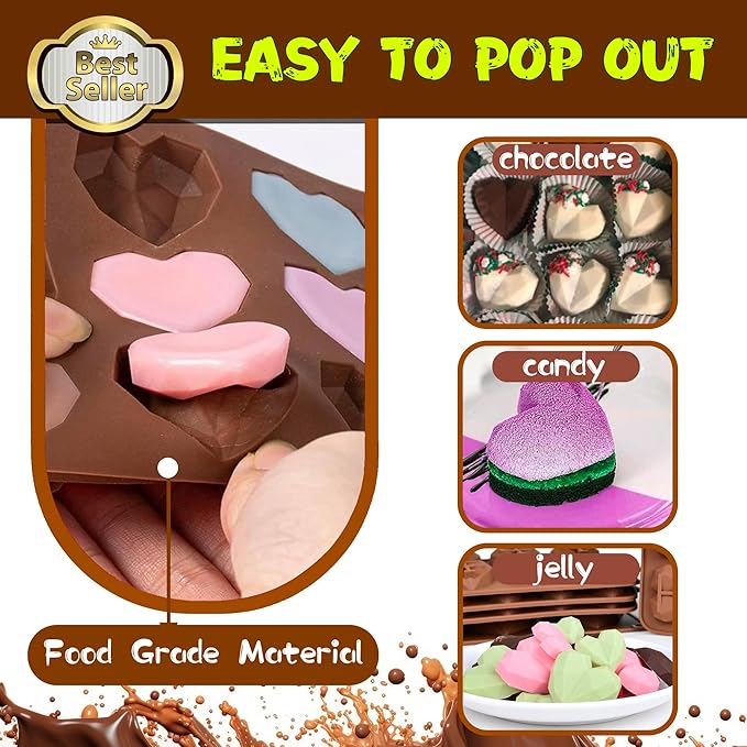 Mini Diamond Heart Shaped Chocolate Mold 15 Holes 3D Heart Candy Molds Silicone Mini Silicone Baking Pan - 4 Pack