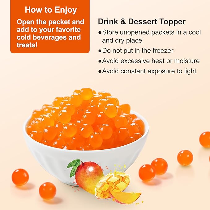 J WAY Bursting Popping Mango Boba Pearls, Mango Syrup, Non-Dairy, Fat-Free Popping Tapioca Boba for Beverages, Sweets, Ice Cream (2LB, 1 Pack)