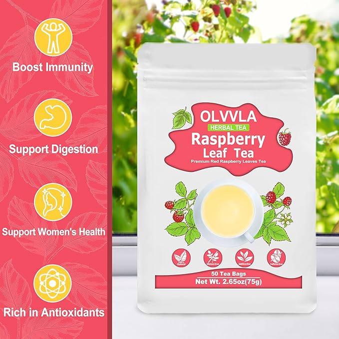 Olvvla - Raspberry Leaf Tea Bags - 1.5g X 50 Count - 100% Pure Red Raspberry Leaf Herbal Tea - Natural Pregnancy Tea - Non-GMO - Caffeine-free - Ease Menstrual Cramp & Support Healthy Pregnancy