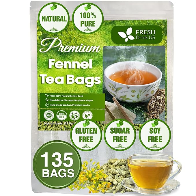 FreshDrinkUS, Premium 135 Fennel Tea Bags, 100% Natural & Pure from Fennel Seeds. Fennel Seed Herbal Tea. Fennel Seed Tea. Made with Natural Material Tea Bags. No Sugar, No Caffeine, No Gluten, Vegan.
