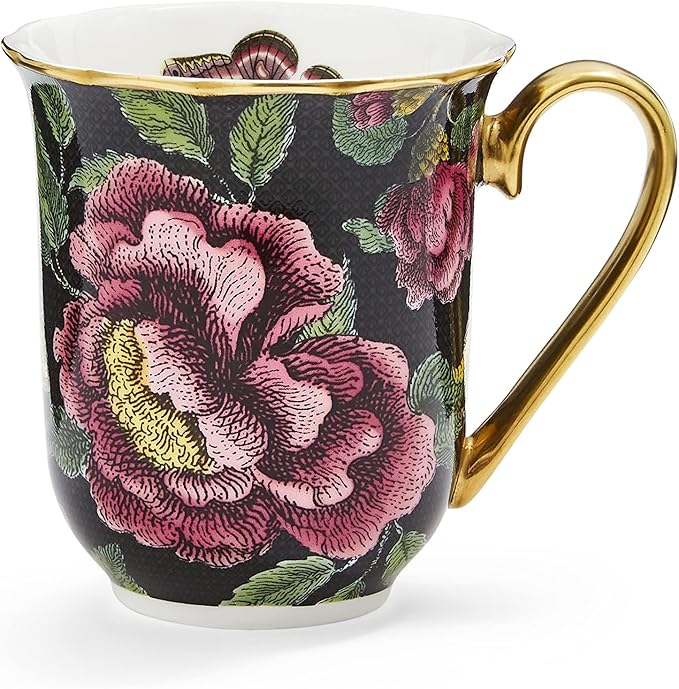 Spode Creatures of Curiosity 12oz Fine China Mug, Black Floral Pattern - Porcelain Tea & Coffee Cup with 22ct Gold Handle and Rim - Elegant Vintage Inspired Drinkware, Boxed for Gifting