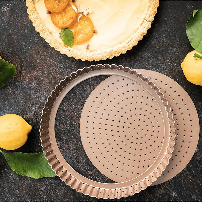 Nonstick 9 Inch Tart Pan with Removable Bottom | PFOA & BPA Free Non Toxic Fluted Pie & Quiche Tin | Best Perforated Non Stick Nontoxic 9in Molds with Holes for Baking