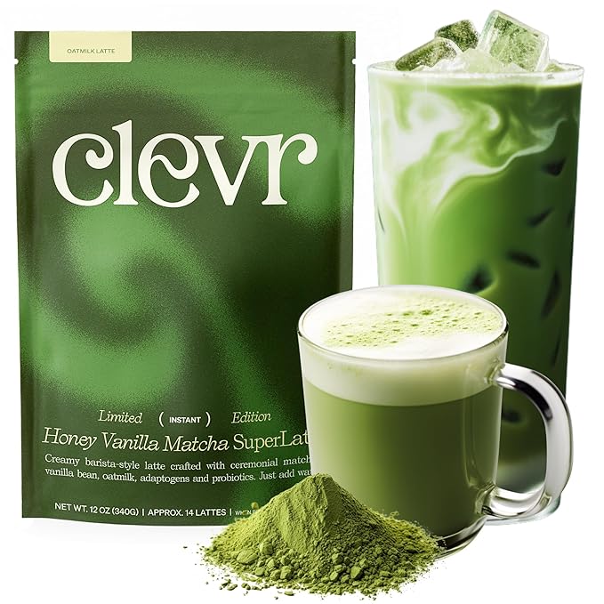 Clevr Blends Organic Honey Vanilla Matcha SuperLatte, Instant Ceremonial Grade, Superfood Powder Blend, Oat Milk, Lions Mane, Reishi Mushroom, Coconut Cream, Ashwagandha, Serve Hot or Iced (14 Lattes)