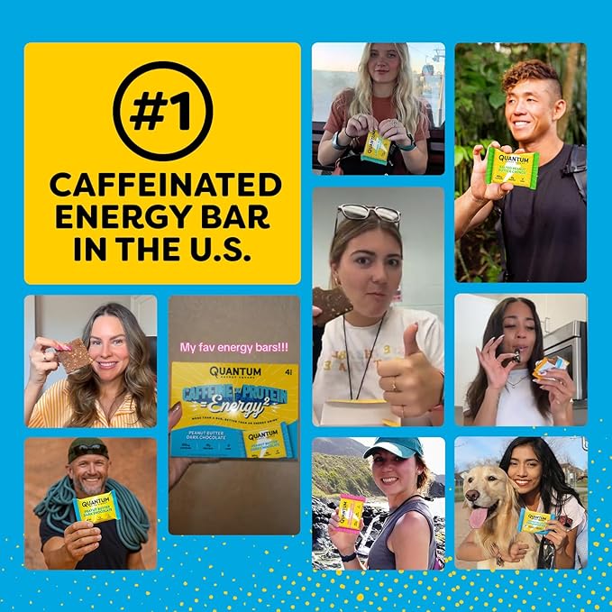 Quantum Energy Square: Energy Bar with Caffeine & 10g Protein. Delicious Healthy Snack On The Go. (Vegan, Gluten-free, Soy-free, Dairy-free) (Variety 12-Pack)