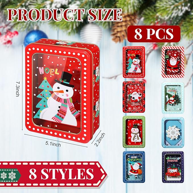 Tioncy 8 Pcs Christmas Cookie Tins with Lids Large Cookie Boxes Metal Empty Tins Santa Tinplate Xmas Gift Box for Christmas Holiday Candies Treats Storage Container (Novel)